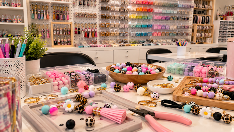 Colorful beads, jewelry-making supplies, and accessories displayed at a DIY bead bar at Parkside Artisans in Oviedo, Florida.