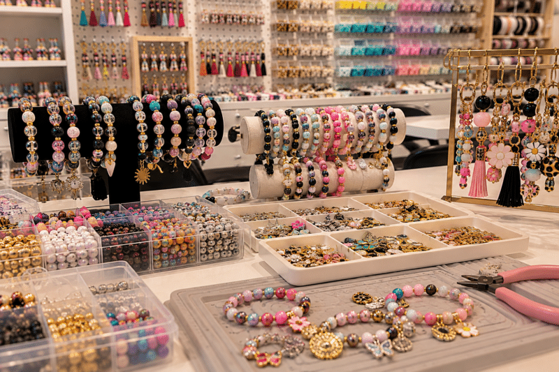 Handmade beaded bracelets, keychains, purse charms, and jewelry-making supplies displayed at a creative bead bar.