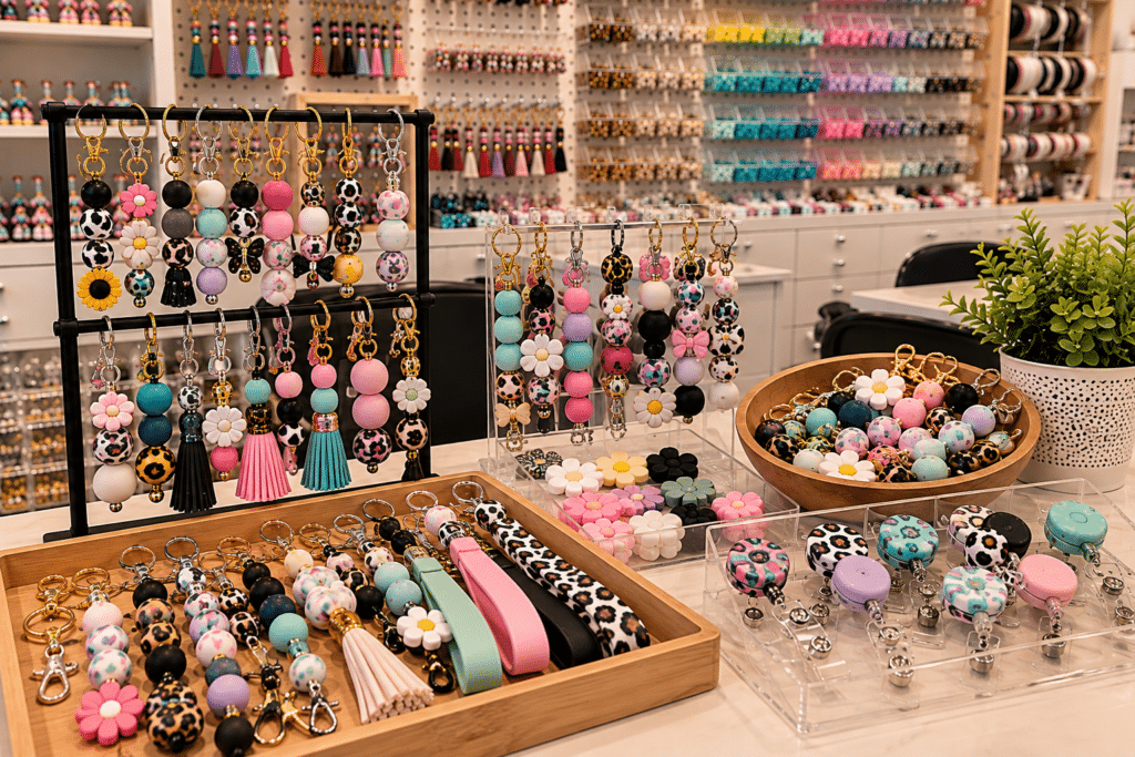 Colorful silicone bead keychains, wristlets, and badge reels featuring floral, animal-print, and pastel designs.